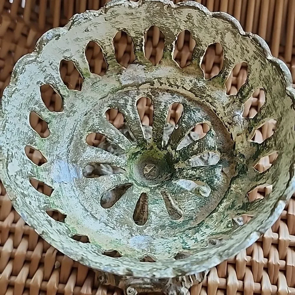 Vintage Distressed Metal Candleholder Cutwork Chalice with Felted Bottom